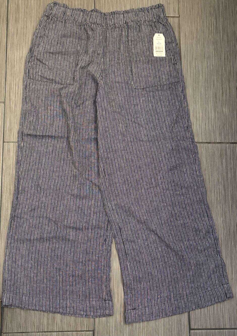Time and Tru Women's Wide Leg Linen Blend Pants Large Navy Blue Striped Coastal - Picture 1 of 5